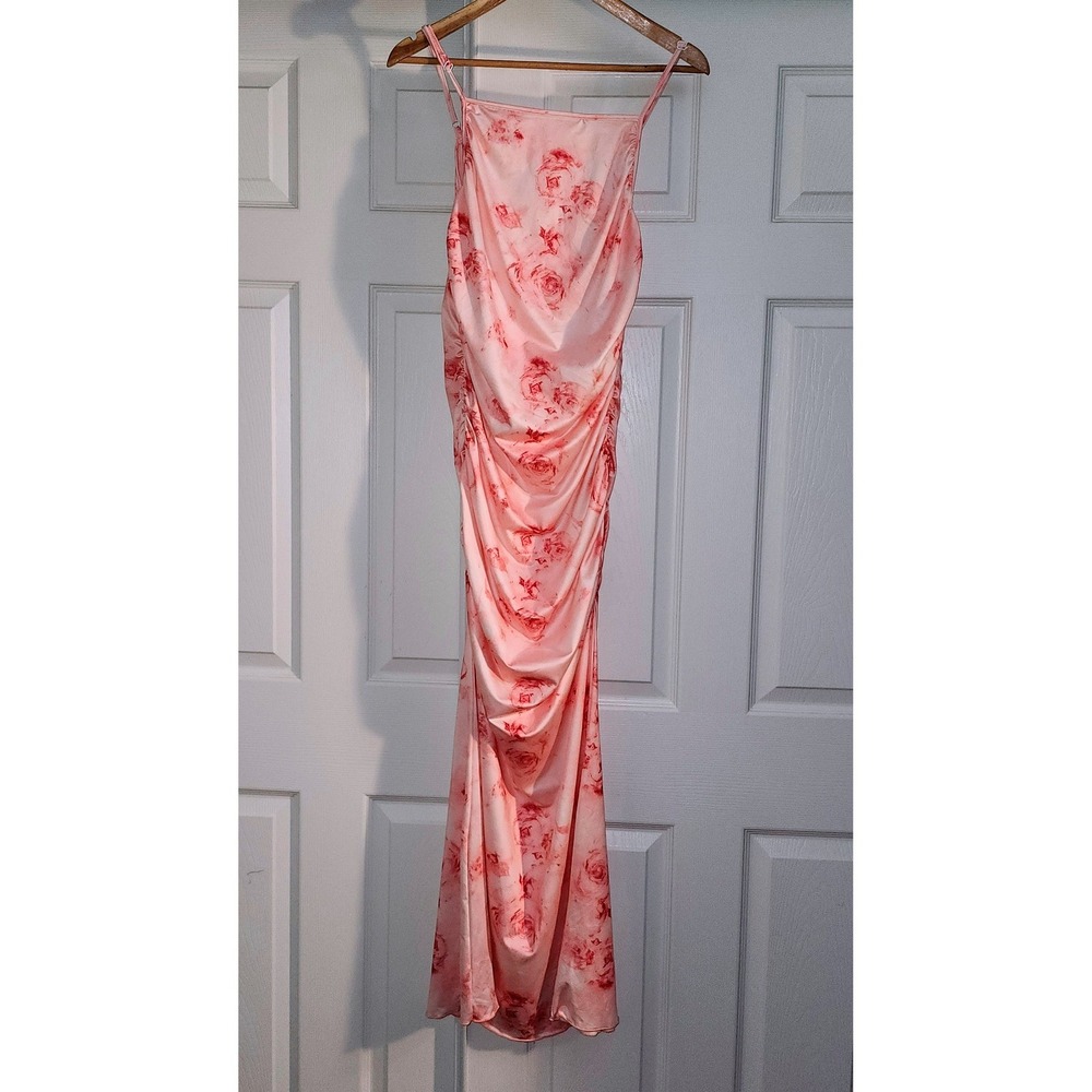 Pink Floral Satin Ruched Maxi Dress Square Neck Spaghetti Strap Women Large